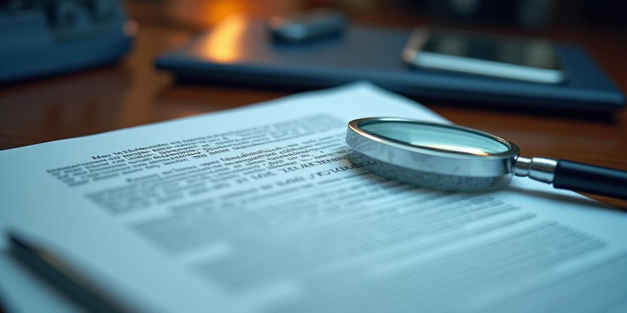 Close up of a generic contract template with a magnifying glass highlighting fine print