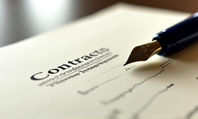 Close-up of high-quality legal documents and executive fountain pen on a mahogany desk