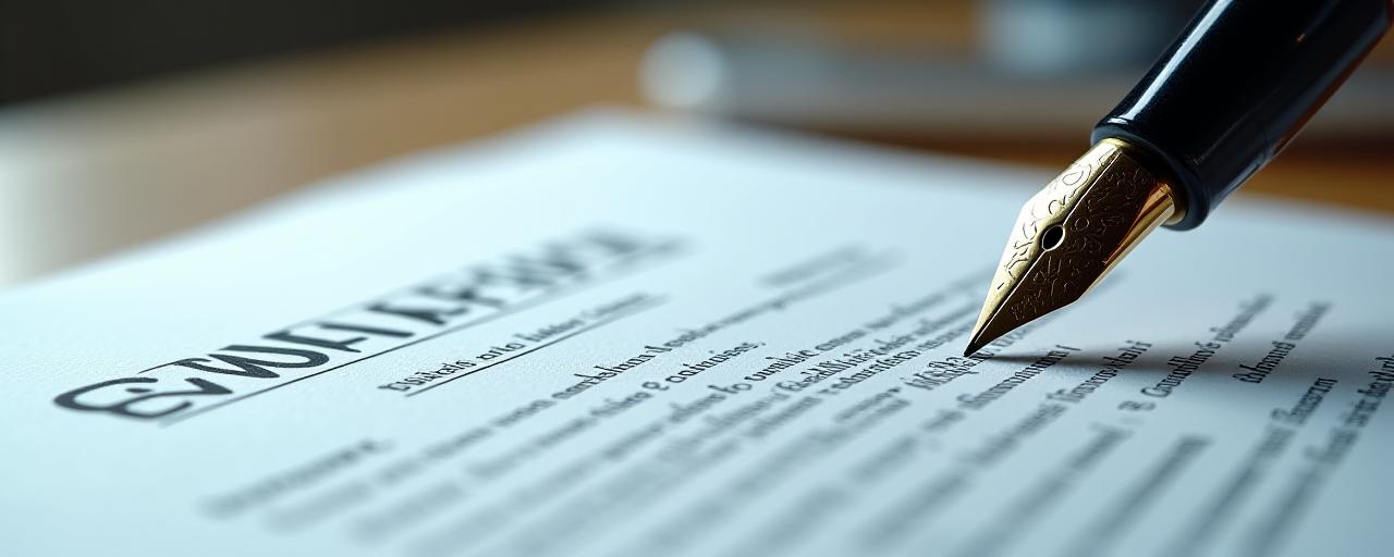 Close up showing a fountain pen resting on a commercial contract with sophisticated office lighting